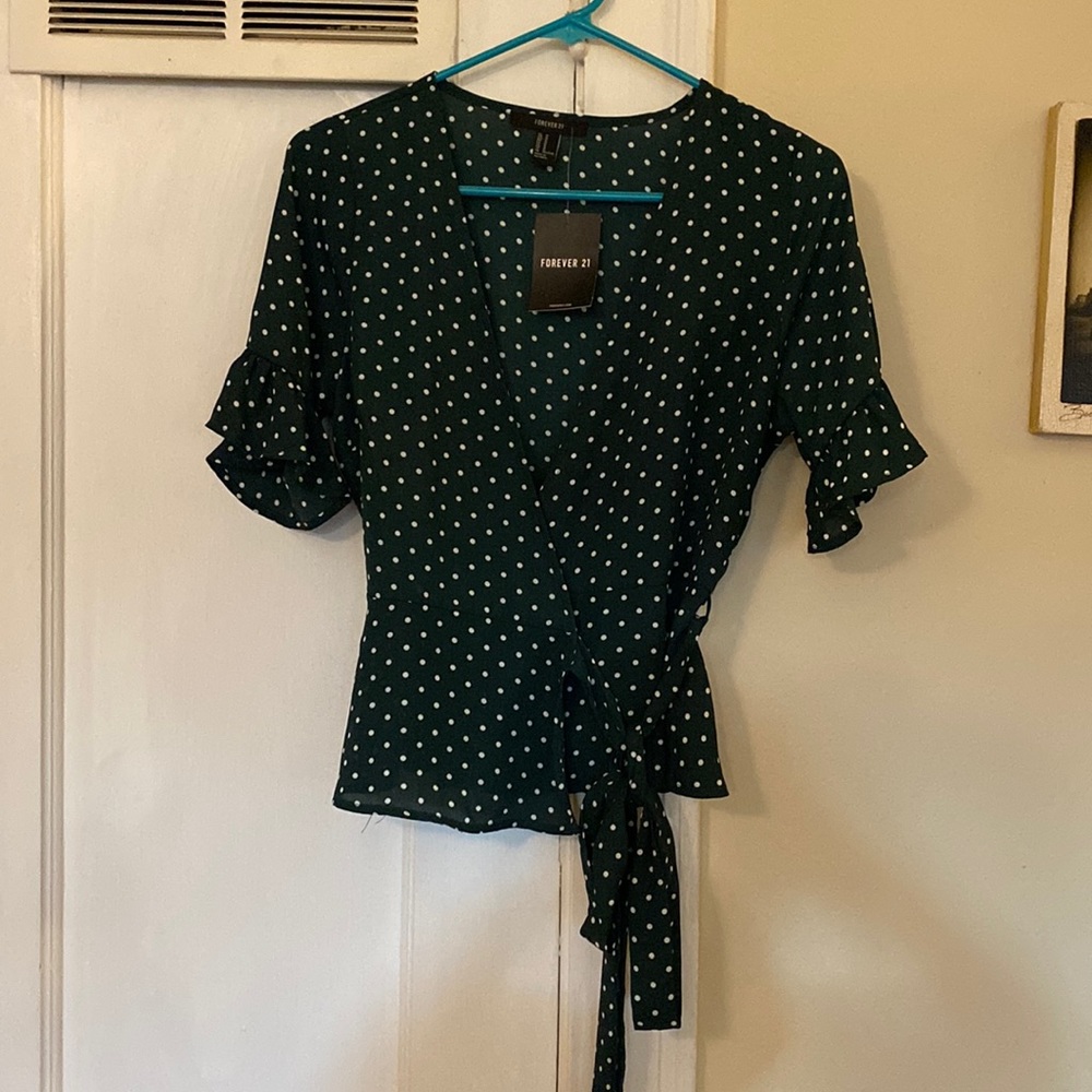Forever 21 Green and White Polka Dot Wrap Top